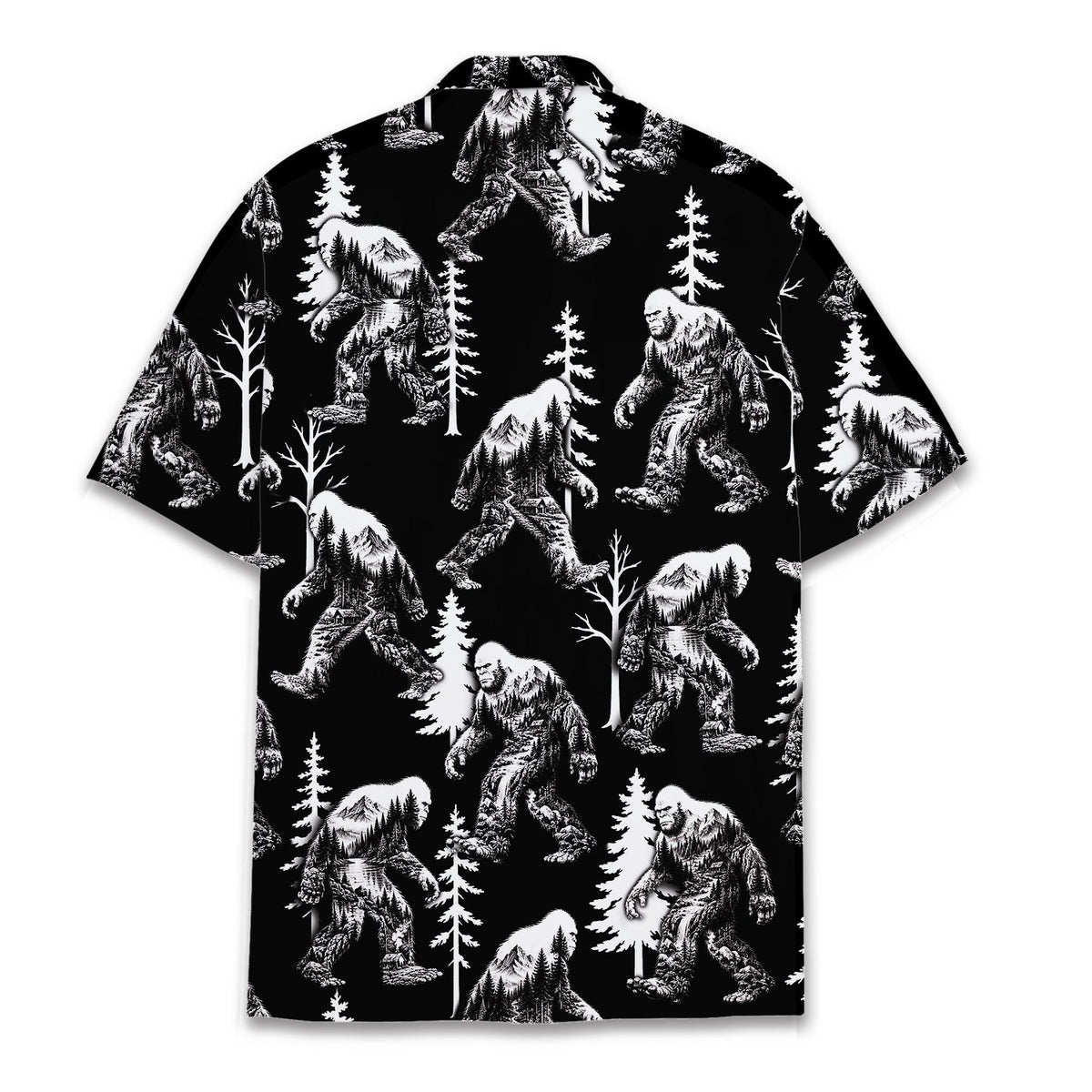 Back view of the black and white bigfoot hawaiian shirt