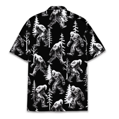 Back view of the black and white bigfoot hawaiian shirt