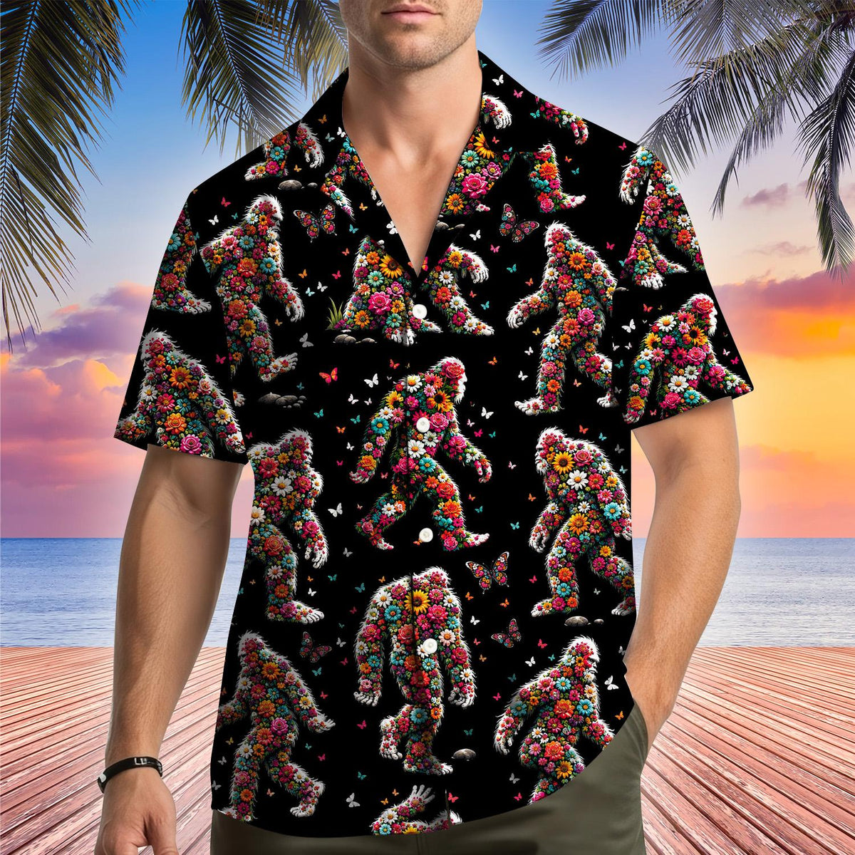 Back view of the matching family hawaiian shirt design on a black background