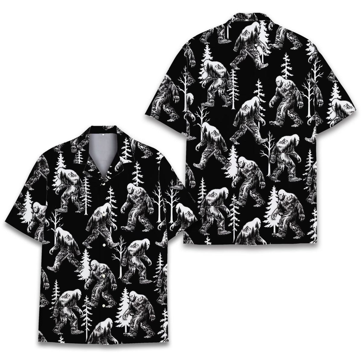 Front view of the black and white bigfoot hawaiian shirt