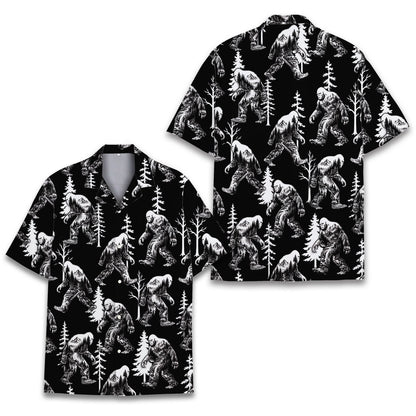 Front view of the black and white bigfoot hawaiian shirt
