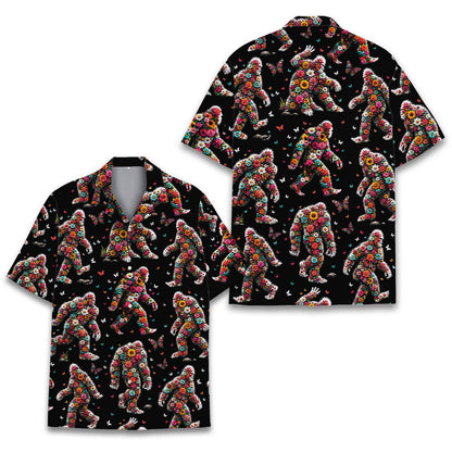 Front view of the bigfoot hawaiian shirt with colorful floral patterns