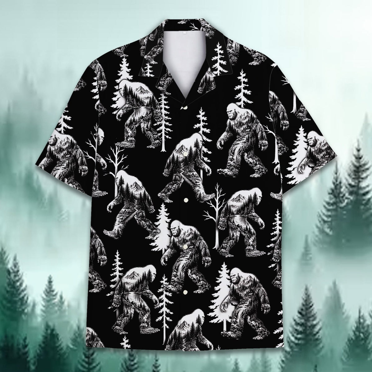 Lifestyle view showing a group wearing matching family hawaiian shirts in the bigfoot design