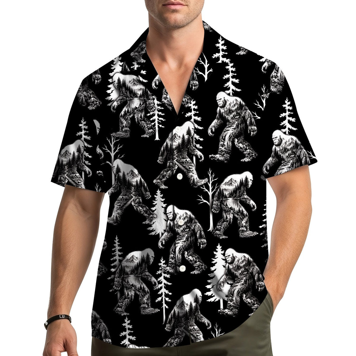 Another lifestyle view of the black and white bigfoot hawaiian shirt