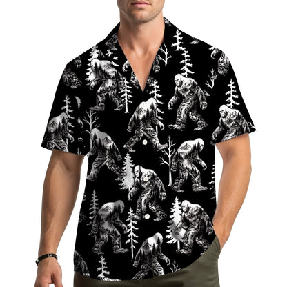 Another lifestyle view of the black and white bigfoot hawaiian shirt
