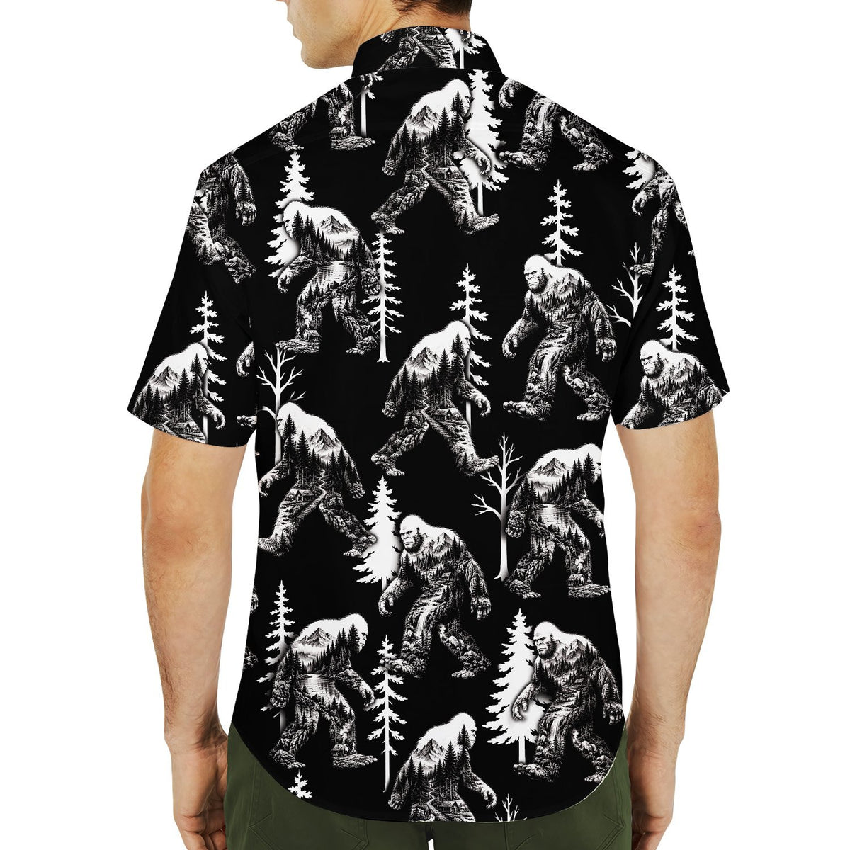Close up lifestyle view of the bigfoot hawaiian shirt being worn