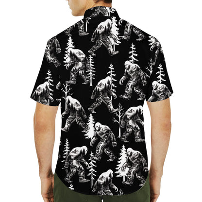 Close up lifestyle view of the bigfoot hawaiian shirt being worn