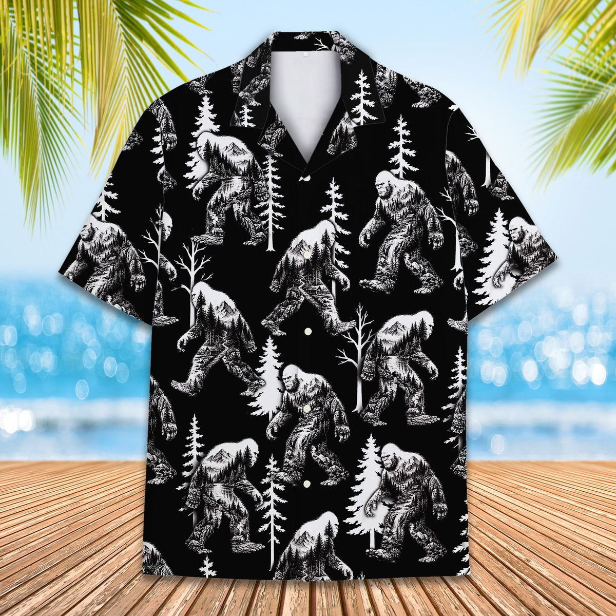 Lifestyle view of a person wearing the bigfoot hawaiian shirt outdoors