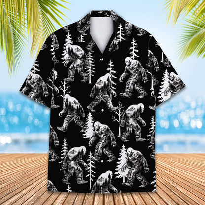 Lifestyle view of a person wearing the bigfoot hawaiian shirt outdoors