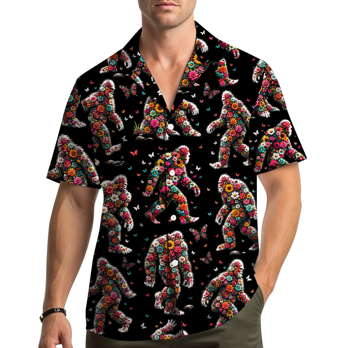 Lifestyle view of a person wearing the black floral hawaiian shirt outdoors