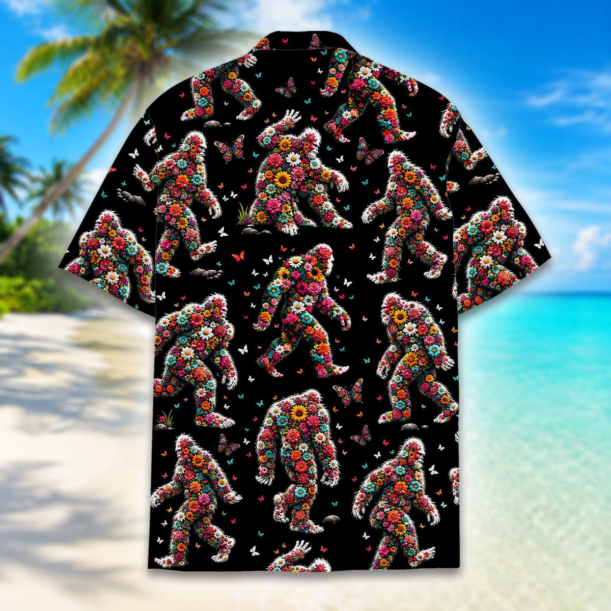 Alternate angle view of the black hawaiian floral shirt