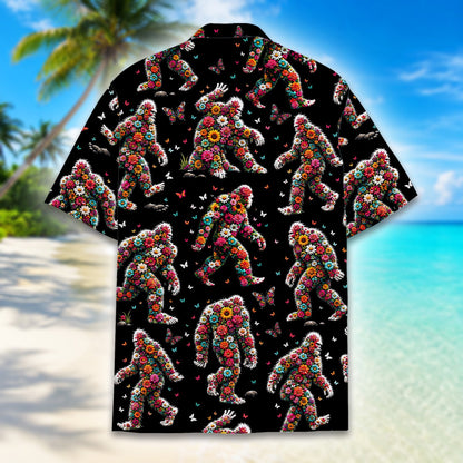 Alternate angle view of the black hawaiian floral shirt