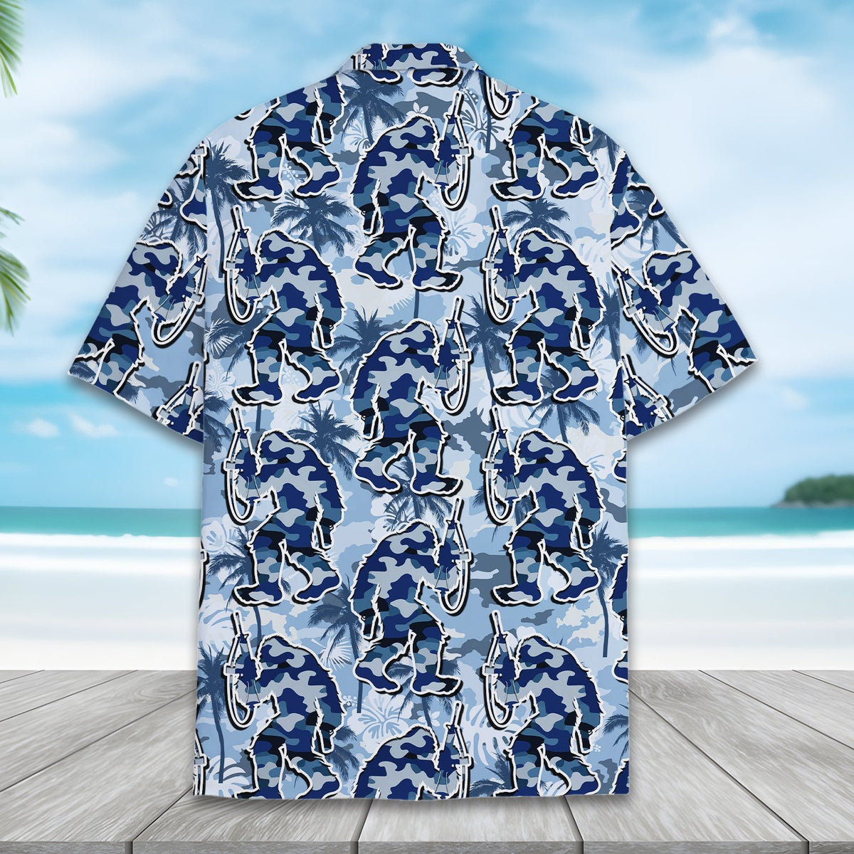 Detailed back view of the bigfoot camo hawaiian shirt