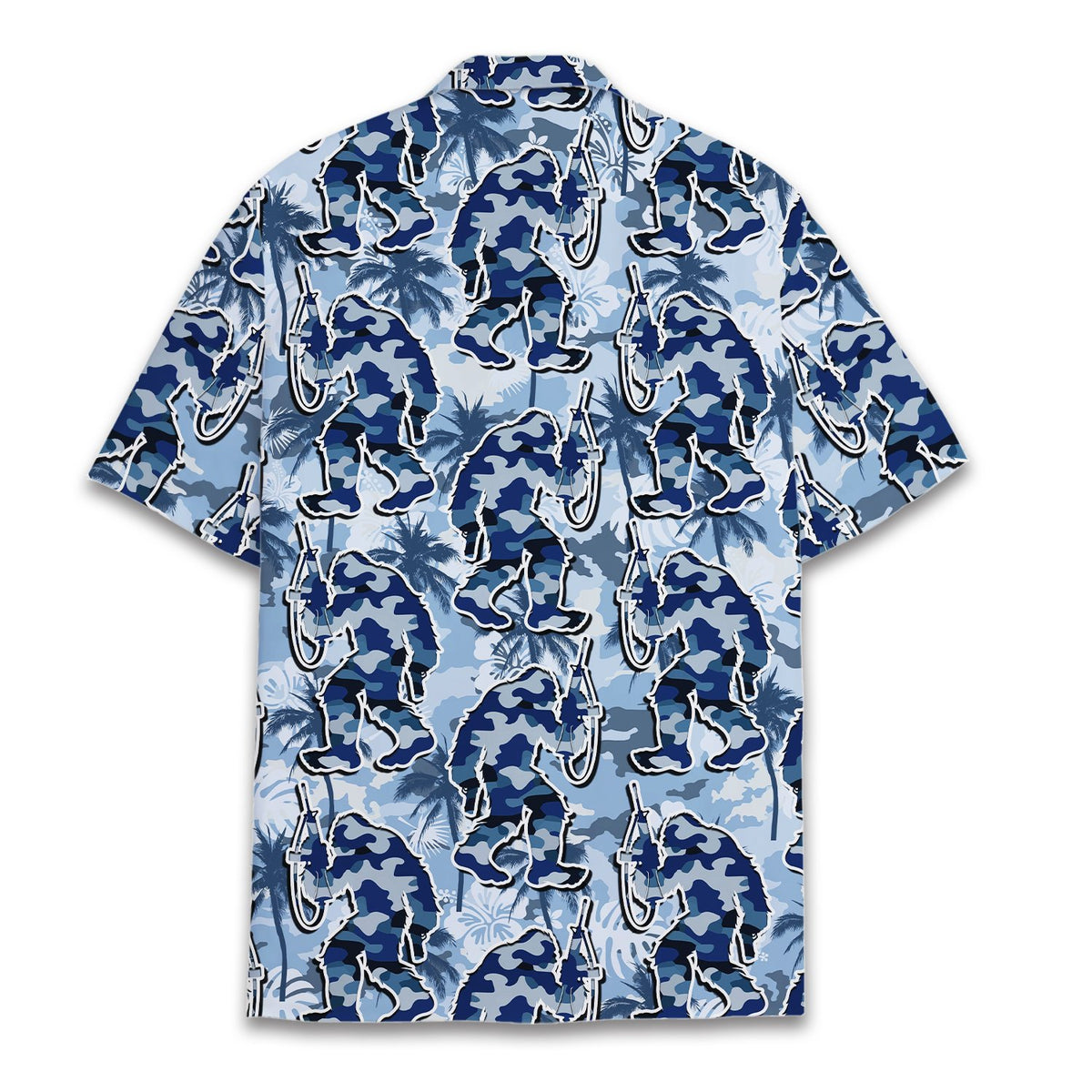 Back view of the bigfoot camo hawaiian shirt