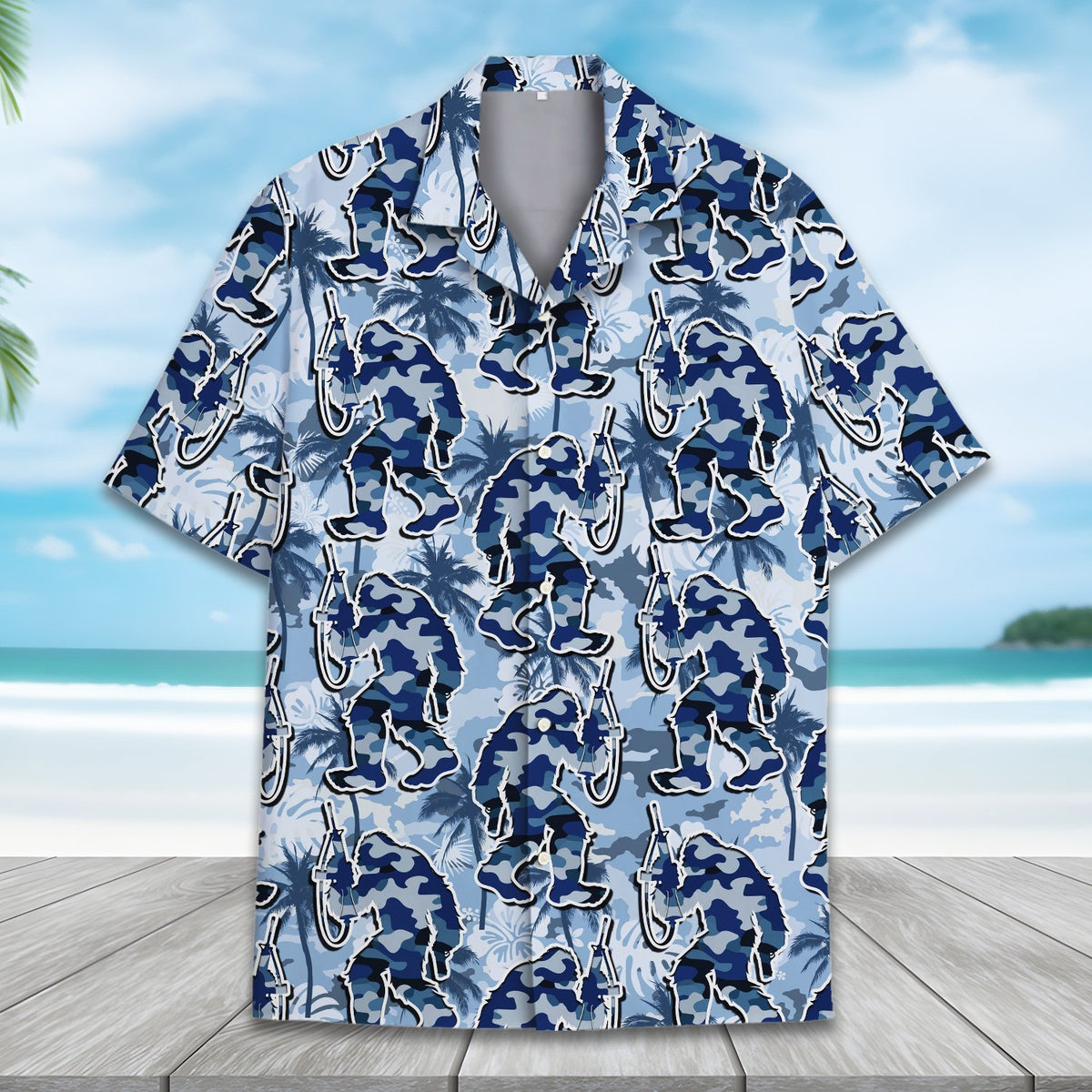 Detailed front view of the blue camo hawaiian shirt