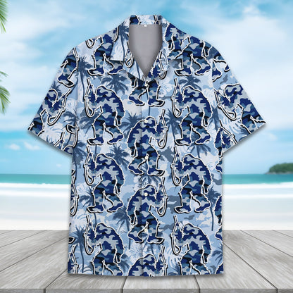 Detailed front view of the blue camo hawaiian shirt