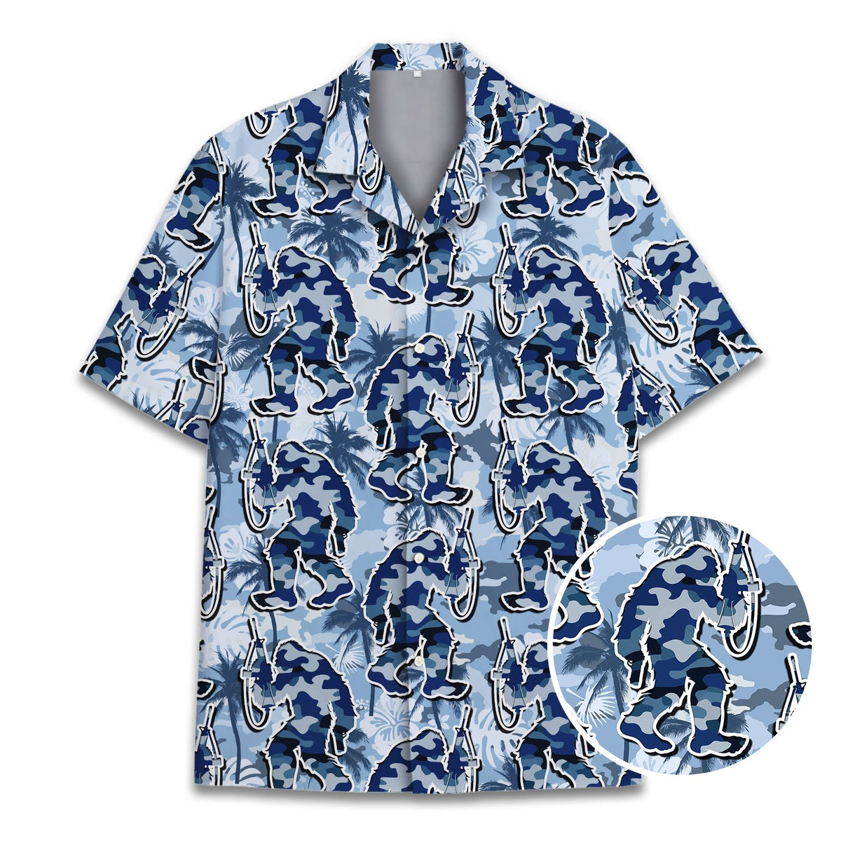 Blue bigfoot camo hawaiian shirt alternate main view
