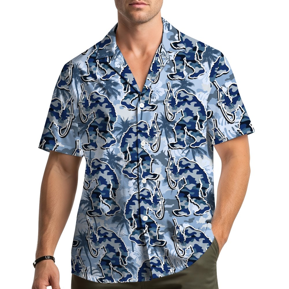 Lifestyle view of the bigfoot camo hawaiian shirt outdoors