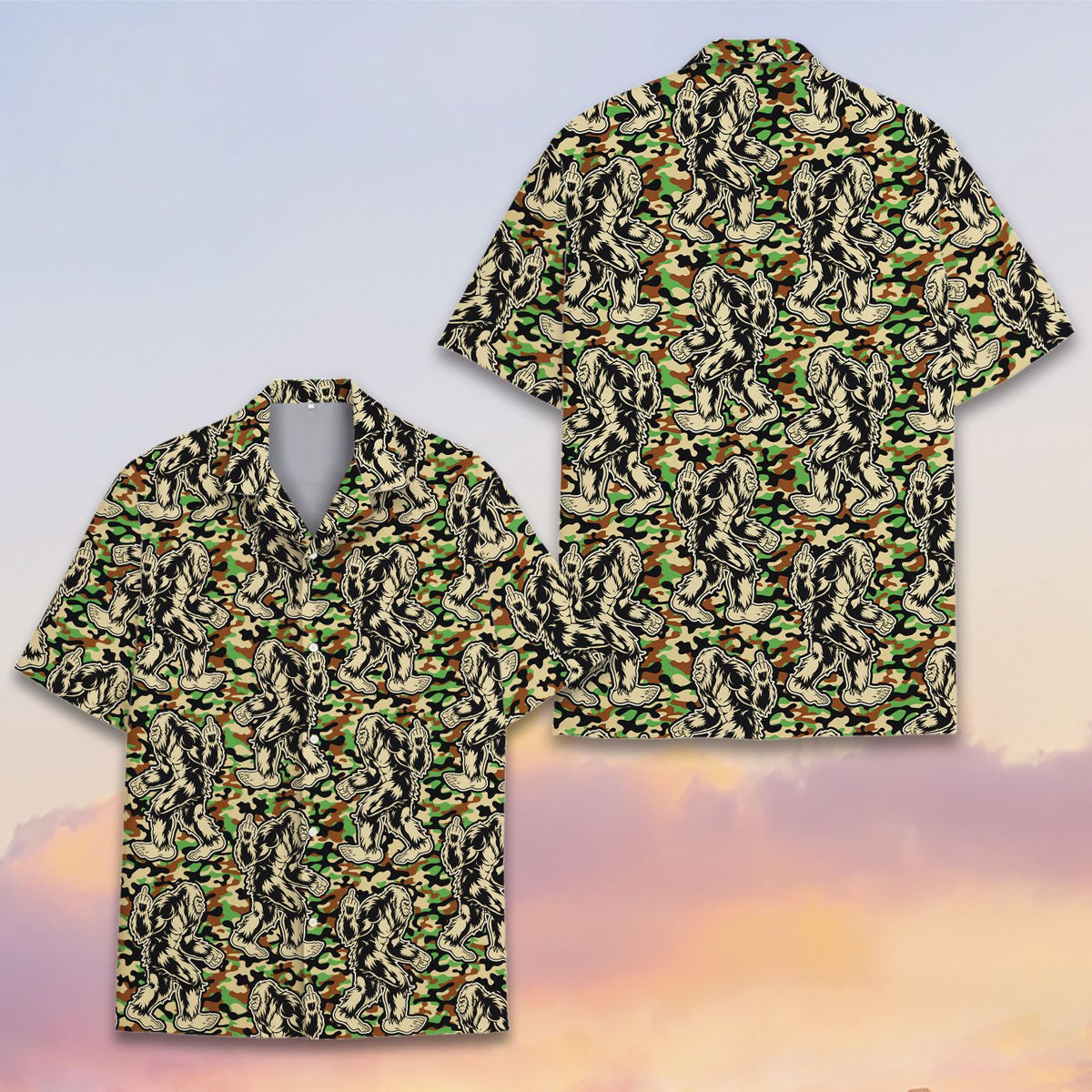Matching family hawaiian shirts bigfoot camo front angle