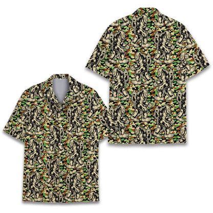 Camo hawaiian shirt bigfoot design front view