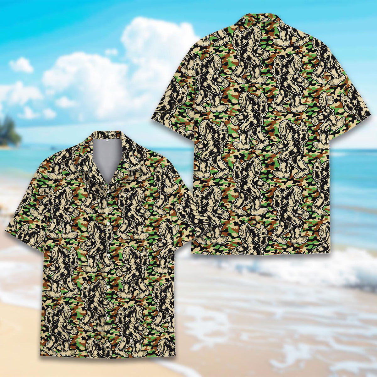 Woodland camo hawaiian shirt front detail