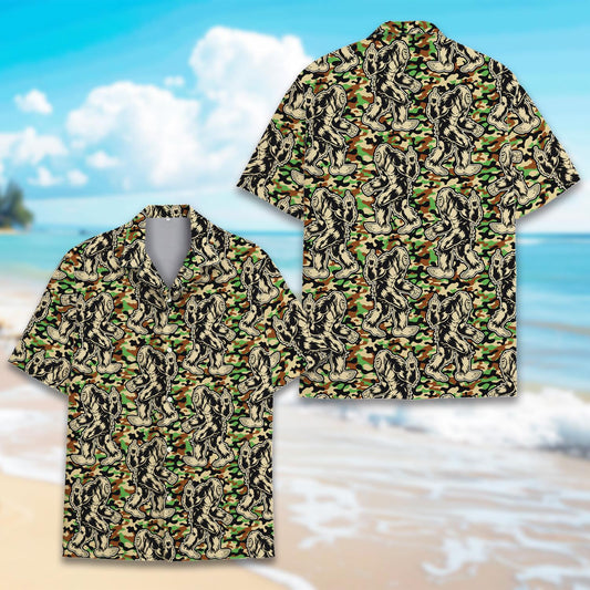 Woodland camo hawaiian shirt with Bigfoot design front view