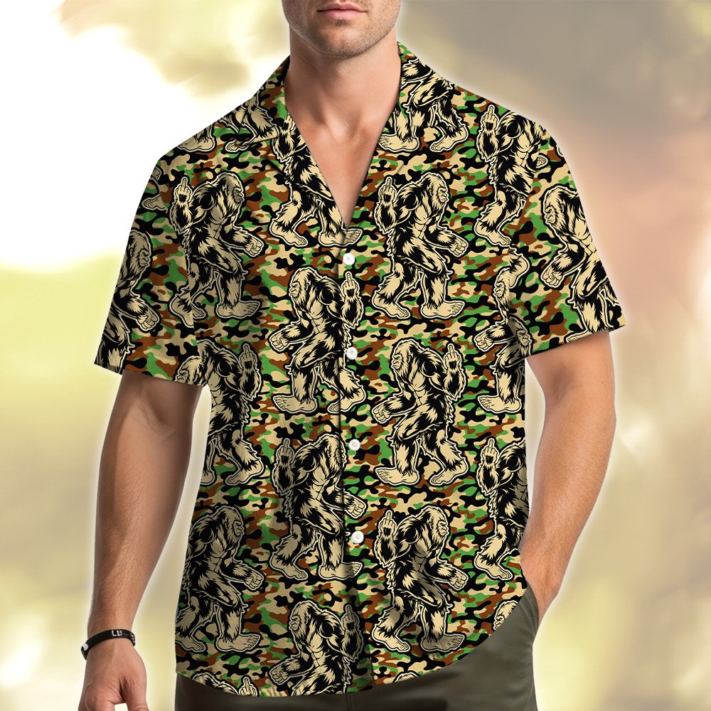 Person wearing woodland camo hawaiian shirt outdoors