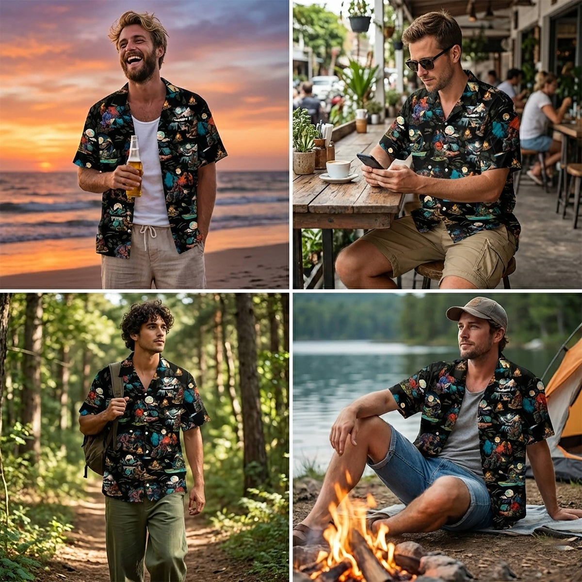 Fourth lifestyle view of the camping hawaiian shirt styled for summer