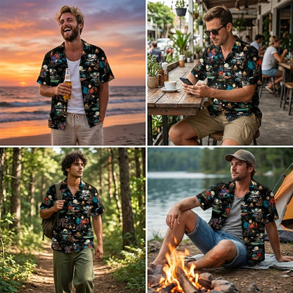 Fourth lifestyle view of the camping hawaiian shirt styled for summer