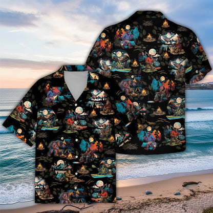 Front view of the bigfoot camping hawaiian shirt featuring Bigfoot by a campfire