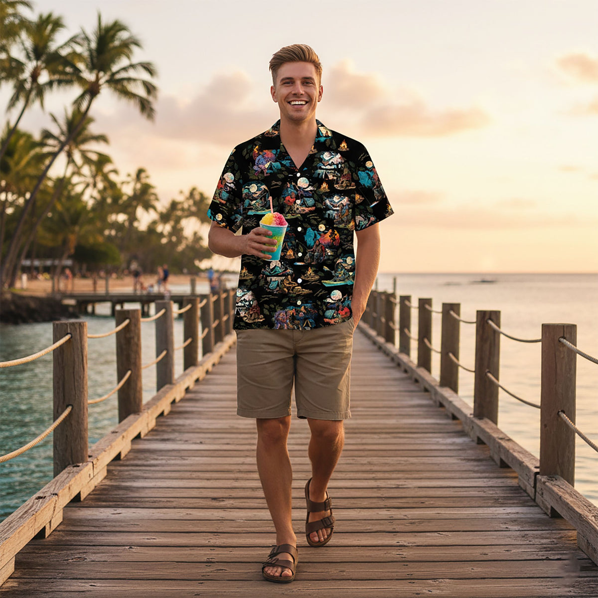 Lifestyle view of a person wearing the bigfoot camping hawaiian shirt outdoors