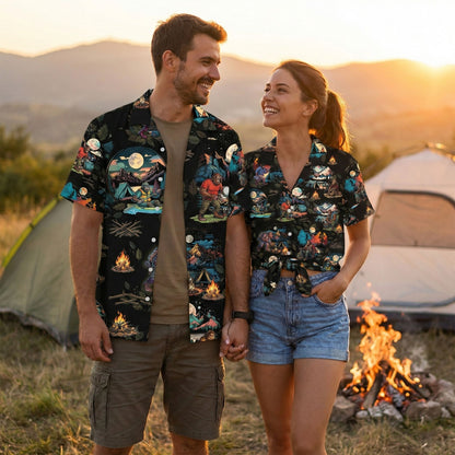 Second lifestyle view featuring the matching family hawaiian shirts in a natural setting