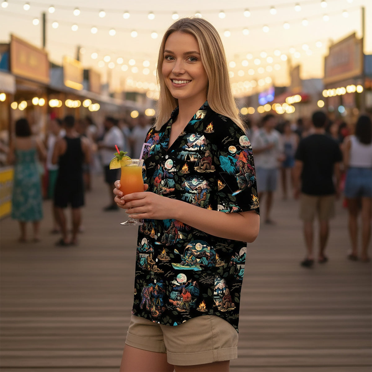 Third lifestyle view showing the comfortable fit of the bigfoot hawaiian shirt