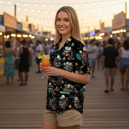 Third lifestyle view showing the comfortable fit of the bigfoot hawaiian shirt