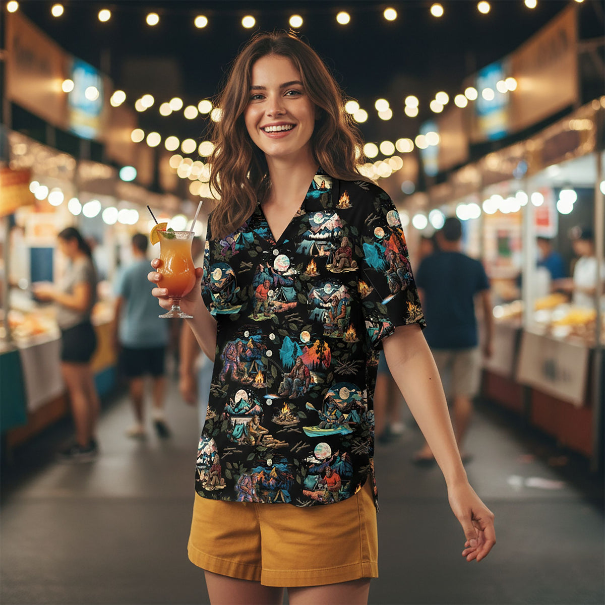 Fifth lifestyle view highlighting the colorful Bigfoot print on the hawaiian shirt