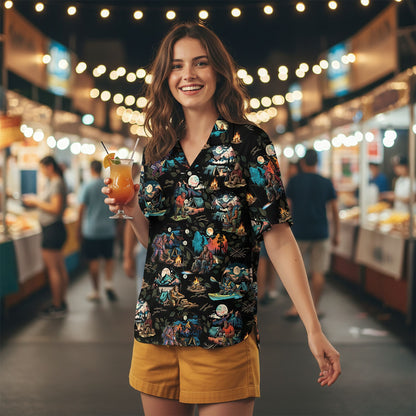 Fifth lifestyle view highlighting the colorful Bigfoot print on the hawaiian shirt
