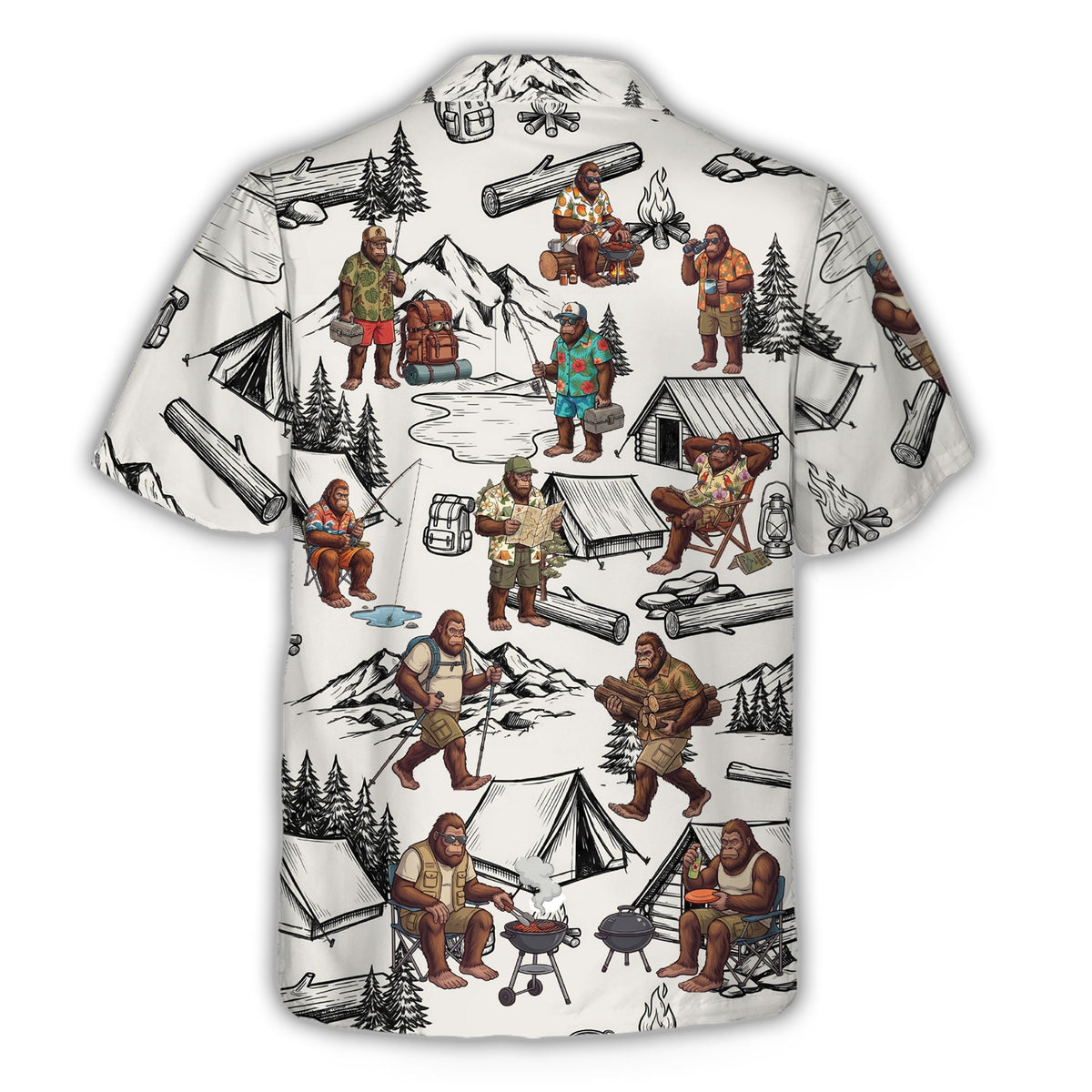 Bigfoot camping hawaiian shirt, back view