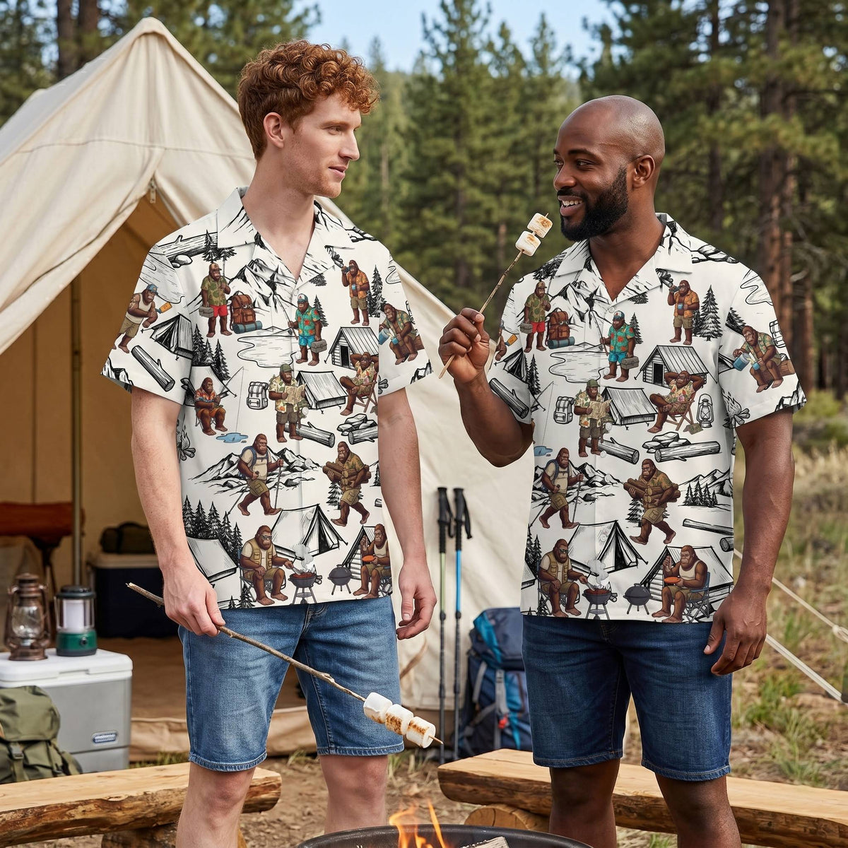 Bigfoot camping hawaiian shirt, alternative back view
