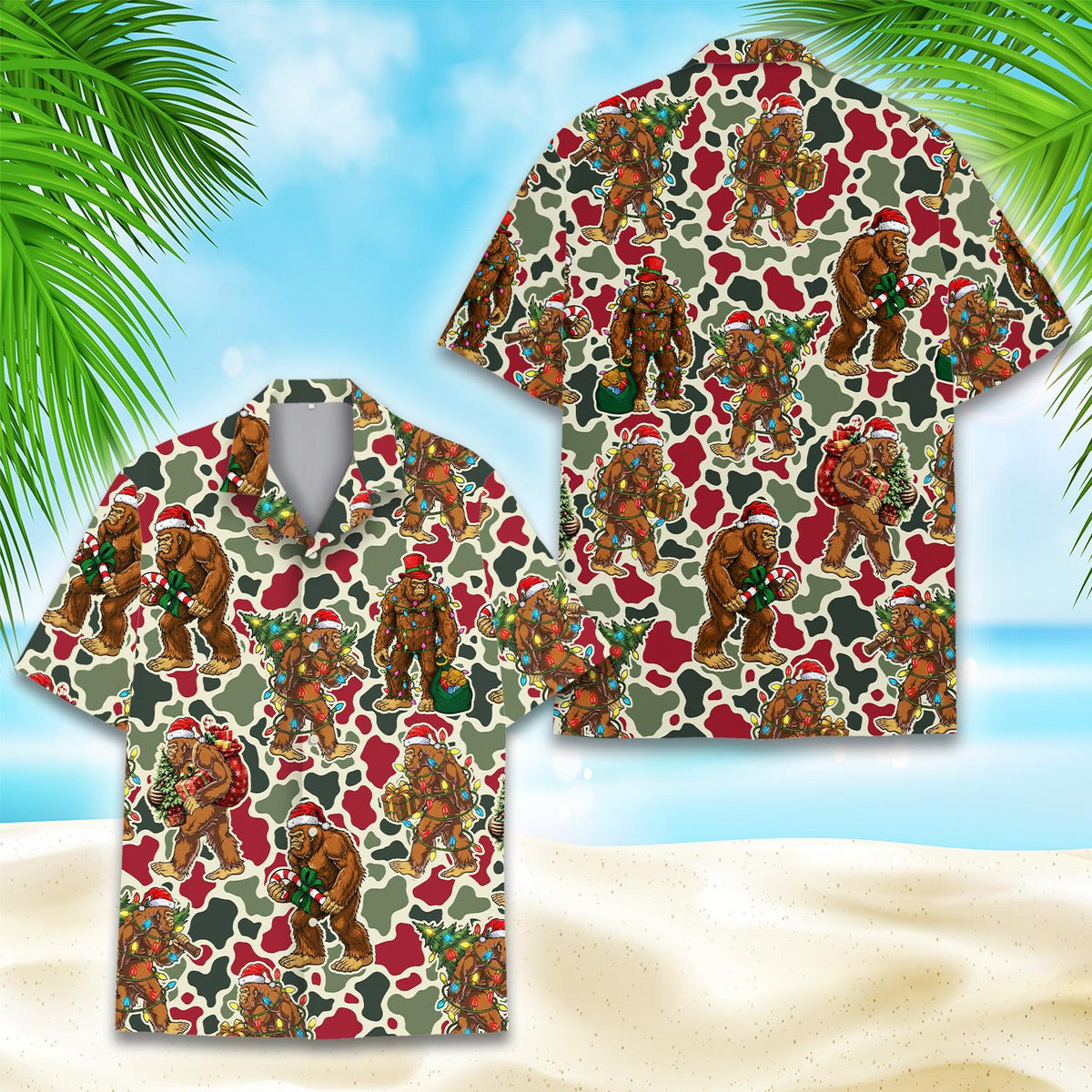Another front view of red and olive Bigfoot camo hawaiian shirt