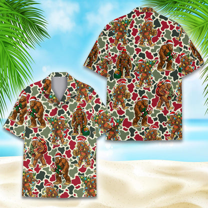 Another front view of red and olive Bigfoot camo hawaiian shirt