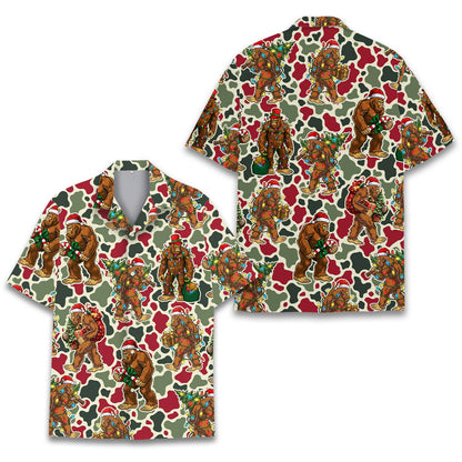 Close-up front view of Bigfoot Christmas hawaiian shirt