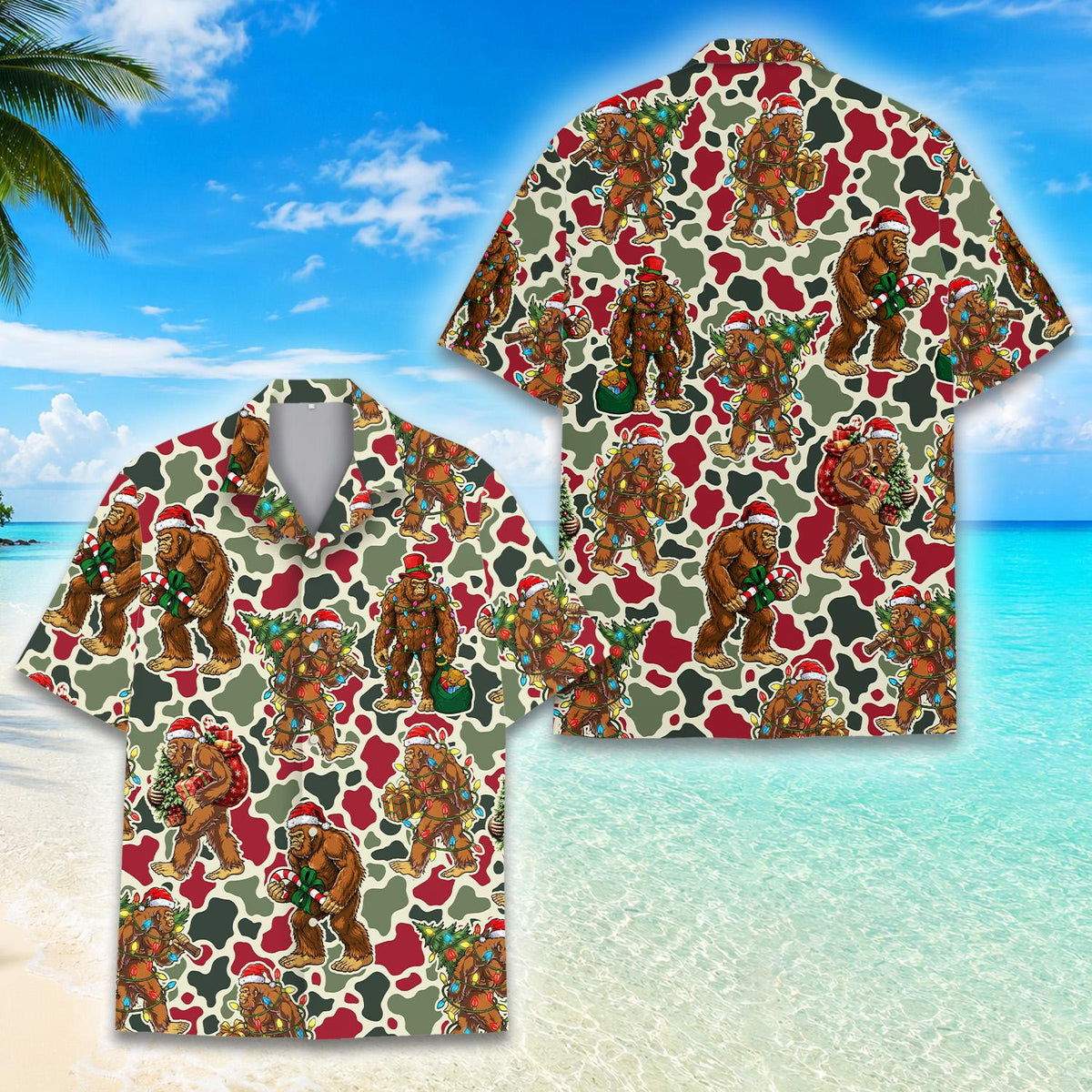 Front view of Bigfoot Christmas hawaiian shirt