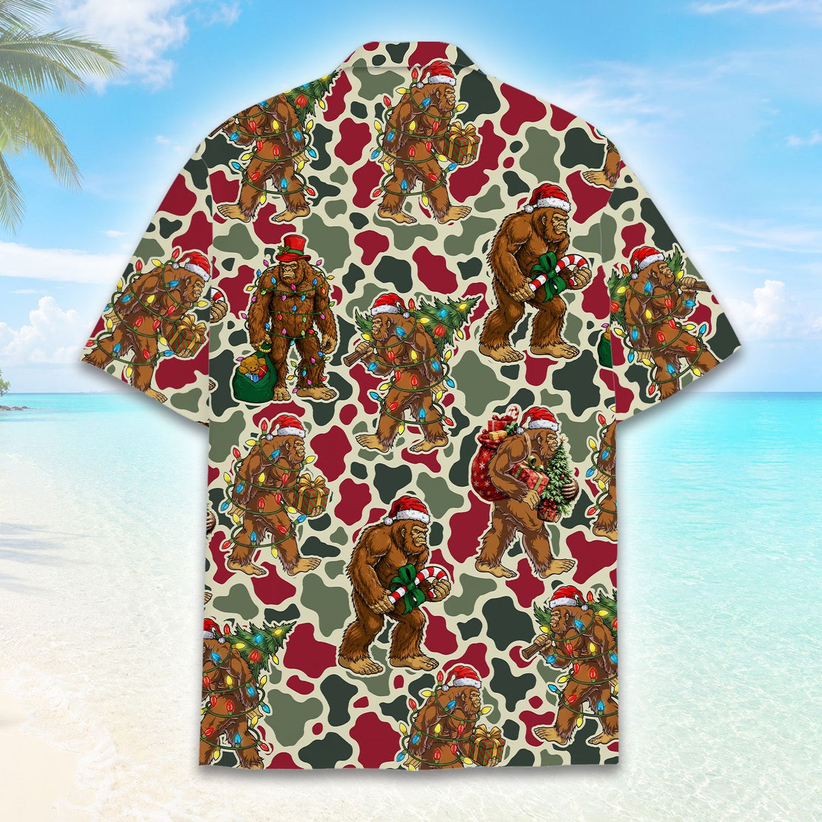 Another lifestyle view of matching family hawaiian shirts in Bigfoot Christmas camo
