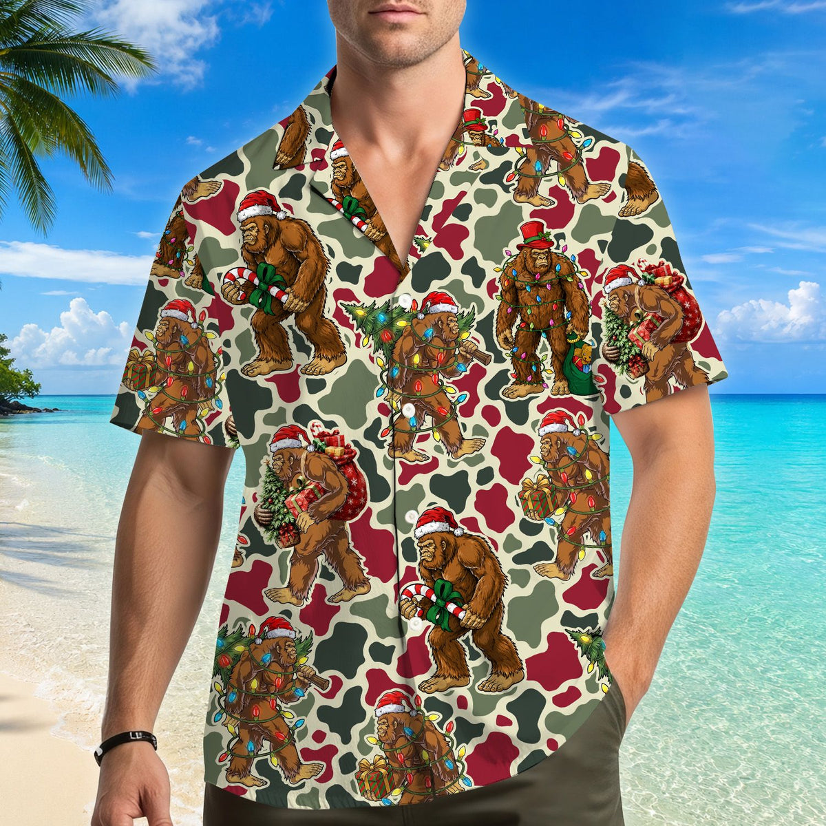 Lifestyle shot of family wearing matching Bigfoot Christmas hawaiian shirts