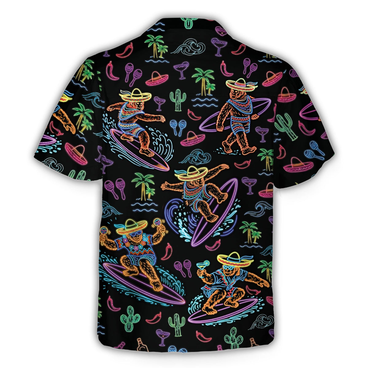Back view of the Bigfoot Cinco de Mayo neon Hawaiian shirt