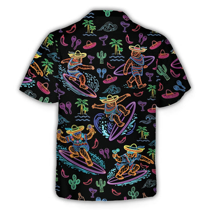 Back view of the Bigfoot Cinco de Mayo neon Hawaiian shirt