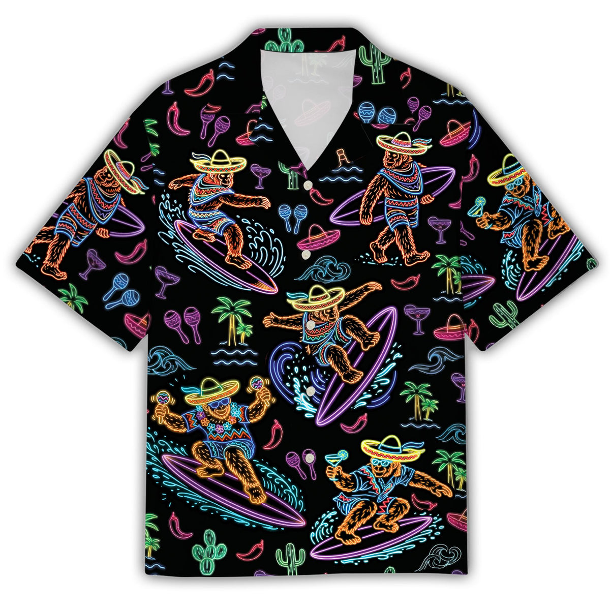 Matching family Hawaiian shirts featuring neon Bigfoot design, front view