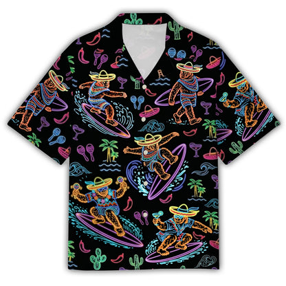 Neon Bigfoot Cinco de Mayo Hawaiian shirt, front view on black background