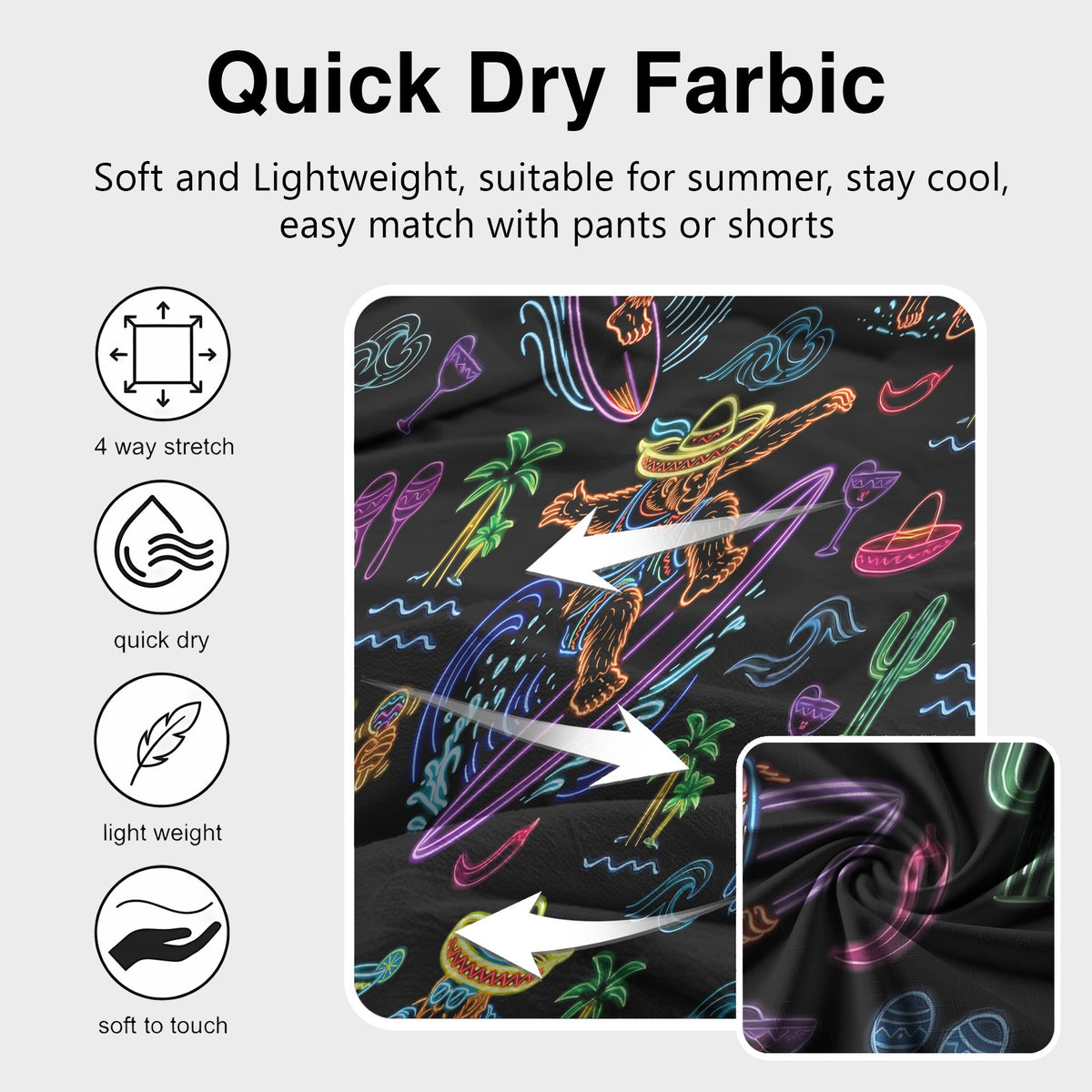 Fabric detail showing vibrant neon colors on black polyester material