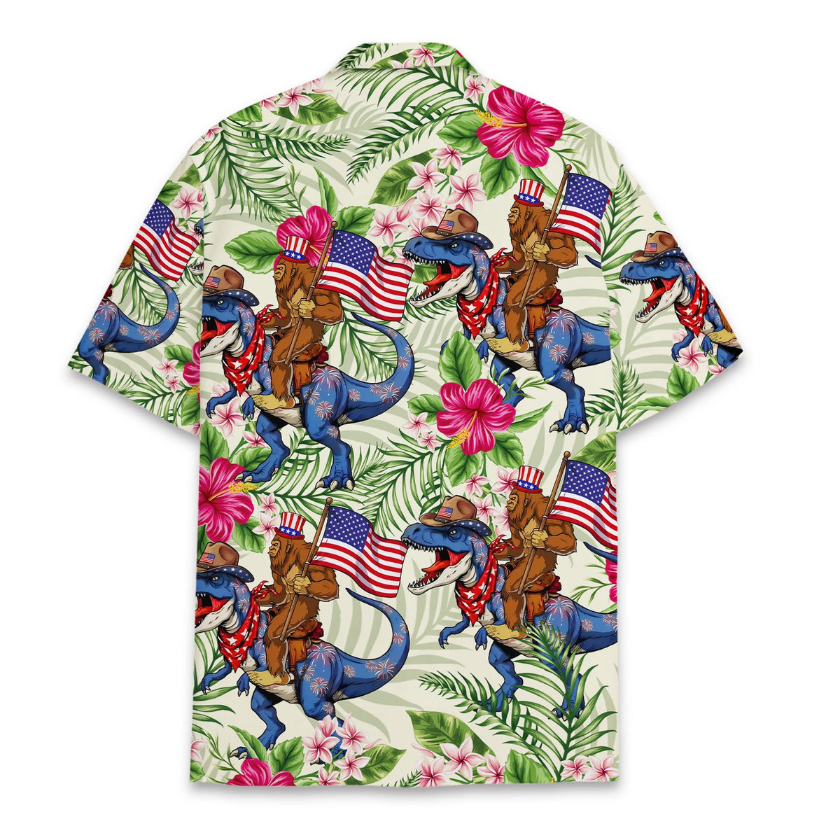 Bigfoot dinosaur fireworks hawaiian shirt, back view